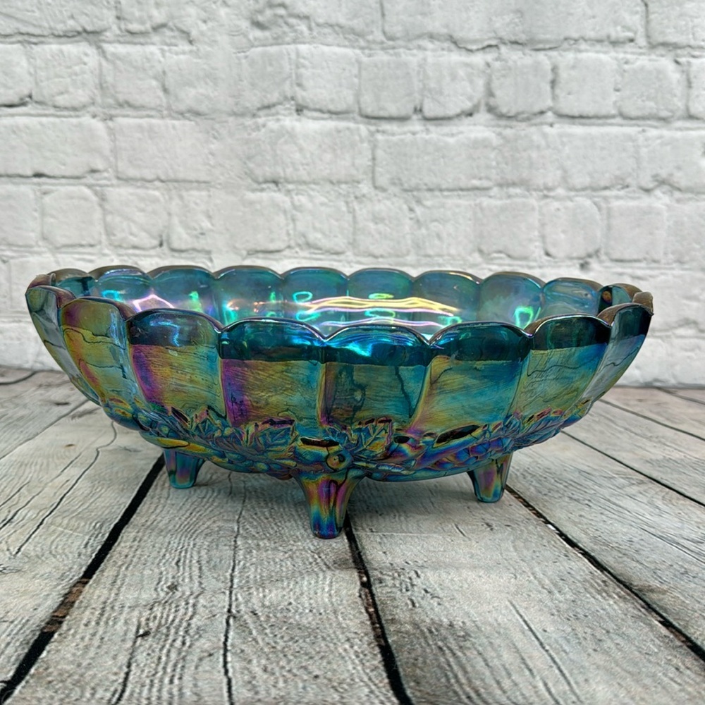 Vintage Indiana Carnival Glass Oval pedestal Bowl Fruit Iridescent 12.25”x 8.5”